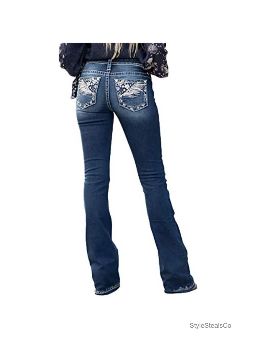 Women's Feather Flower Embroidered Mid Rise Bootcut Jeans
